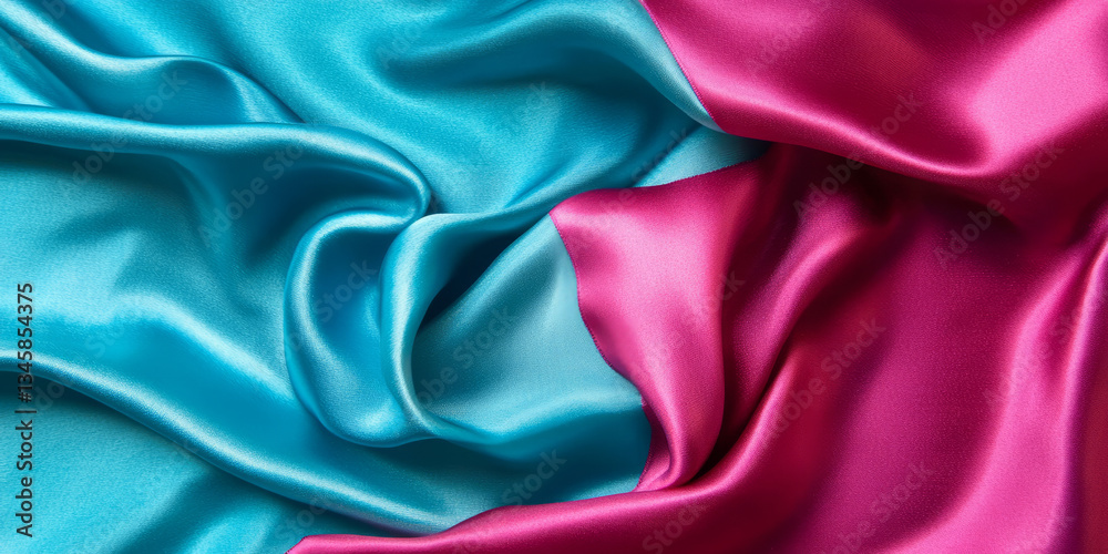 A vibrant silk fabric texture background in turquoise and magenta. The fluid drapery and shifting highlights create an opulent, exotic feel, suitable for luxurious textile compositions and A vibrant silk fabric texture background in turquoise and magenta. The fluid drapery and shifting highlights create an opulent, exotic feel, suitable for luxurious textile compositions and