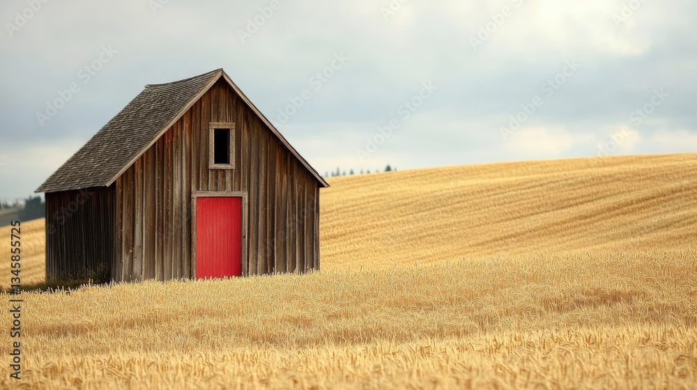 Obraz premium A rustic barn stands in a field of golden wheat grass