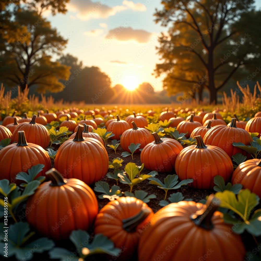 Naklejka premium A vibrant orange pumpkin field at sunset