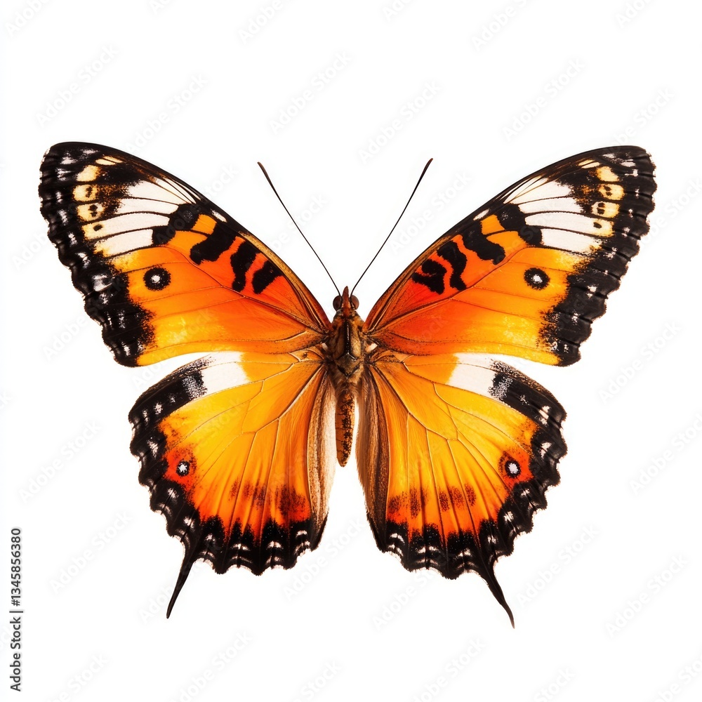 Fototapeta premium A close-up of a butterfly with orange and black wings on a clean white surface