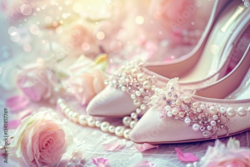Pixel Perfect Picture of Bridal Shoes with Flowers and Pearls on a Festive Wedding Background