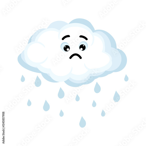 Cute sad kawai cloud. The cloud drops raindrops. Vector cartoon style comic, weather icon.