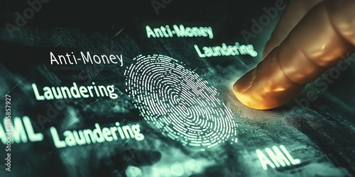 Anti-Money Laundering AML concept. Digital fingerprint scanning of banknotes with glowing effect.