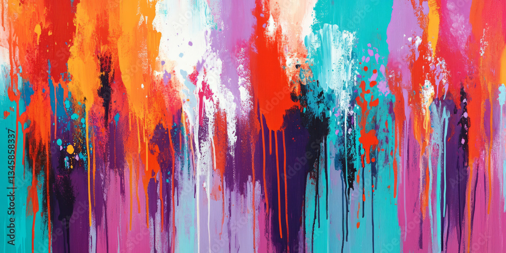 Fototapeta premium A bold, colorful abstract background inspired by paint drips in motion. The dynamic, fluid splashes in neon red, bright teal, and deep lavender create an expressive, artistic, and visually striking