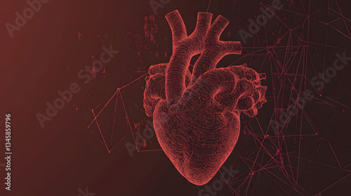 Medical illustration of the human heart in a red wireframe style