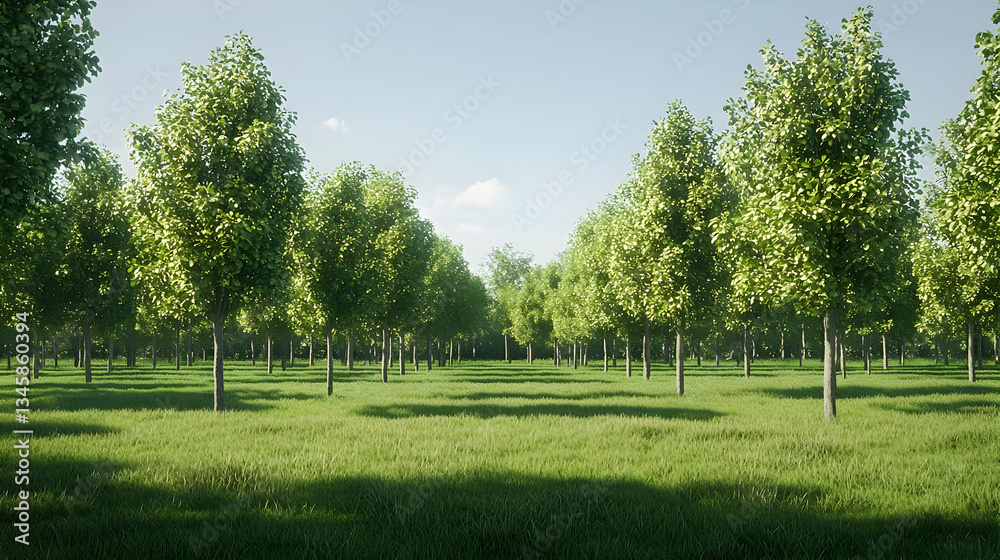 Fototapeta premium Lush Green Trees And Grass Field Under Bright Blue Sky In Daylight With Sunlight And Shadows