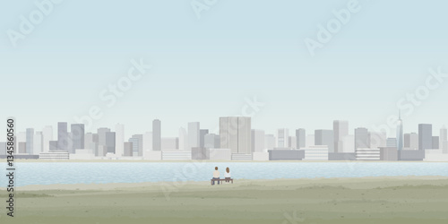 Minimalist cityscape with a couple of lover sitting on a bench at lakeside have skyscrapers and blue sky background graphic illustration.