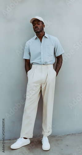 A stylish man poses in front of a plain gray wall