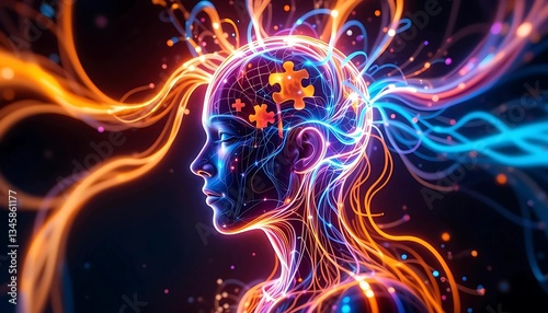 A vibrant illustration of the human mind with a missing puzzle piece.