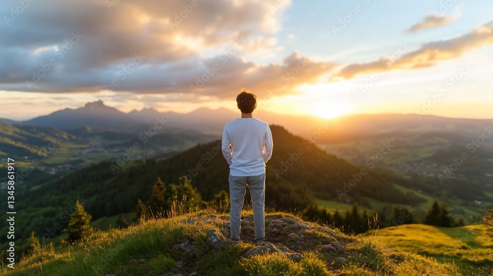 Fototapeta premium Man contemplates sunset over vast mountain landscape