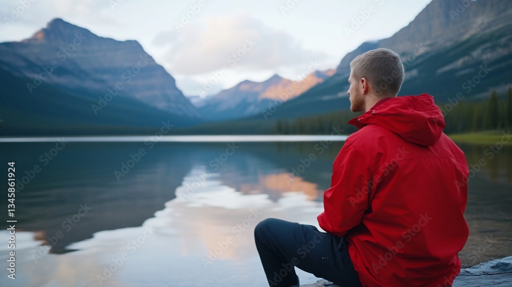 Man contemplates serene mountain lake at dawn Man contemplates serene mountain lake at dawn