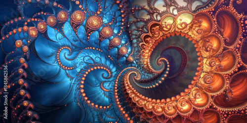 Wallpaper Mural A mesmerizing, colorful abstract background featuring endless spiraling fractals. The intricate, geometric formations in bright blue, deep rose, and warm amber create a complex, mathematical, and Torontodigital.ca
