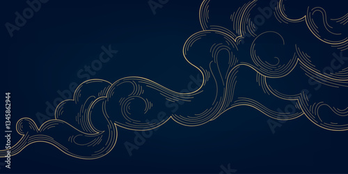 Vector line japanese pattern, golden cloud on dark blue background. Wave art, chinese ornament, elegant sky frame. Vintage swirl curve backdrop.