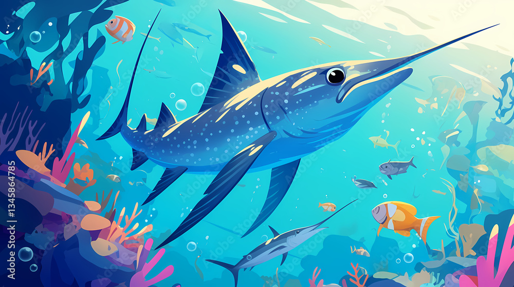 Fototapeta premium Swordfish under the sea cartoon colorful illustration