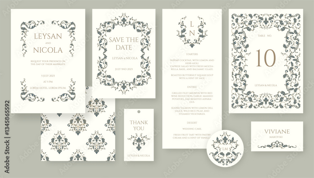 Elegant wedding set. Victorian border and frame pattern. Place cards, wedding invitation, table number, save the date, thank you card, menu, sticker. Elegant wedding set. Victorian border and frame pattern. Place cards, wedding invitation, table number, save the date, thank you card, menu, sticker.