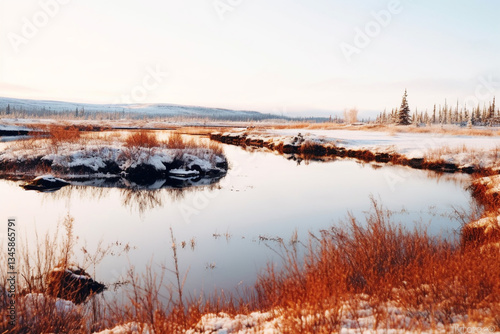 serene grandeur of Arctic tundra enveloping a serene lake, adorned with glistening blankets of snow, untainted waters, and an overwhelming aura of seclusion and immaculacy  