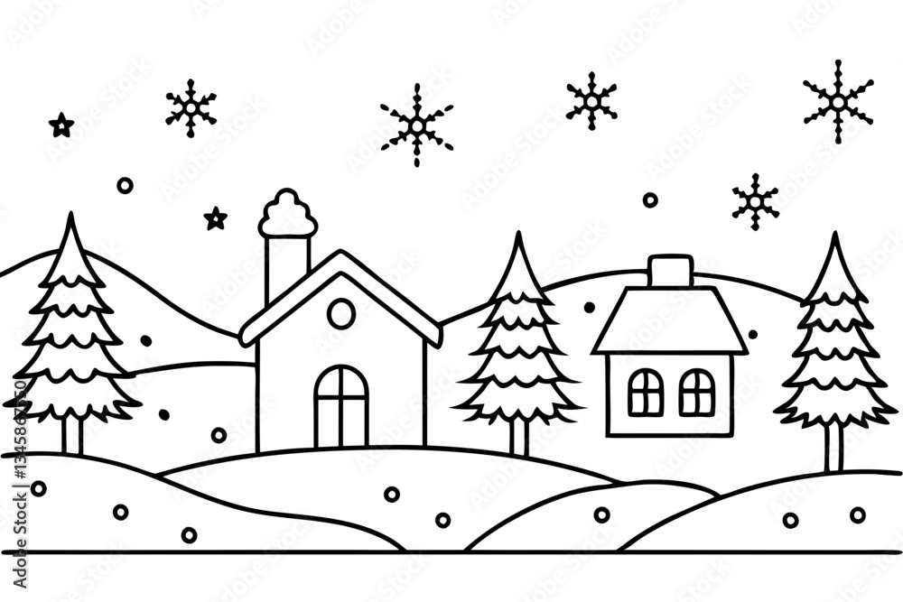 Fototapeta premium christmas charming countryside line art silhouette vector illustration