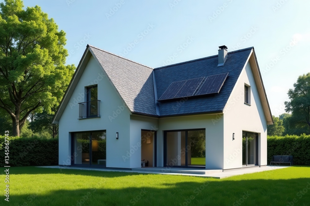 Modern Eco-Friendly Home with Solar Panels and Lush Green Lawn Modern Eco-Friendly Home with Solar Panels and Lush Green Lawn