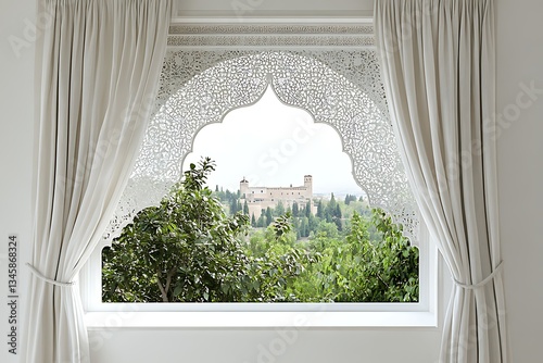 Interior window view overlooking Alhambra palace over trees and lush vegetation