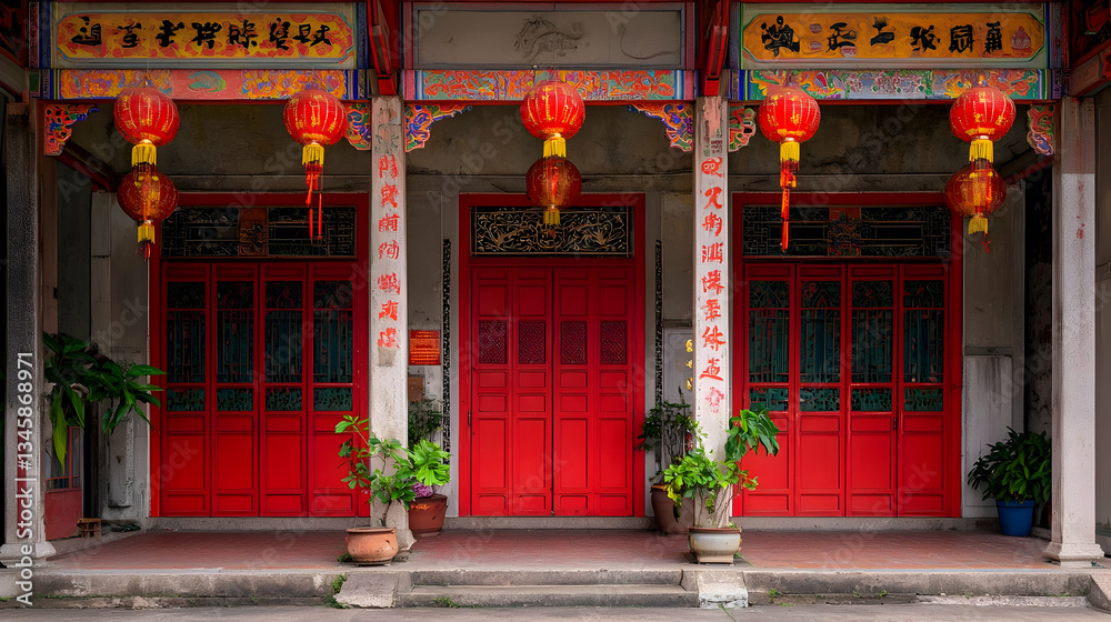 Vibrant Red Wooden Doors And Lanterns Adorning An Asian Temple Entranceway Vibrant Red Wooden Doors And Lanterns Adorning An Asian Temple Entranceway