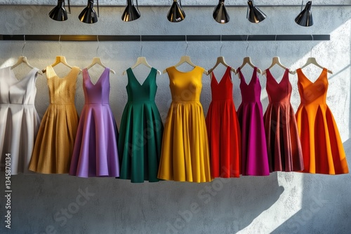 A colorful array of dresses hanging from a rack, perfect for fashion or lifestyle concepts