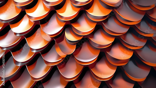 A 3D geometric pattern featuring overlapping orange tiles arranged in a diagonal, fish-scale-like formation. The tiles have a smooth, glossy texture with subtle lighting and shading.
