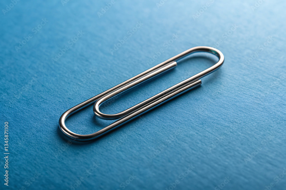Close-up of a silver paperclip on a blue textured background, office supply concept Close-up of a silver paperclip on a blue textured background, office supply concept
