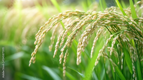 A rice paddy field with rice growing, rice cultivation, agricultural landscape
