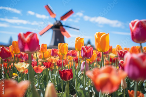 a tapestry of vibrant tulips, where graceful dance of nature beauty intertwines flawlessly with ingenious symphony of windmill innovation