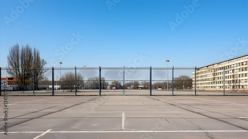 Wide View Of An Empty Urban Parking Lot With A Wire Fence And Residential Buildings Under A Clear Blue Sky