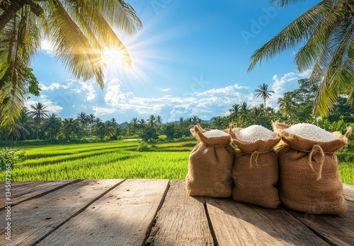Rice sacks on wooden deck, tropical rice paddy