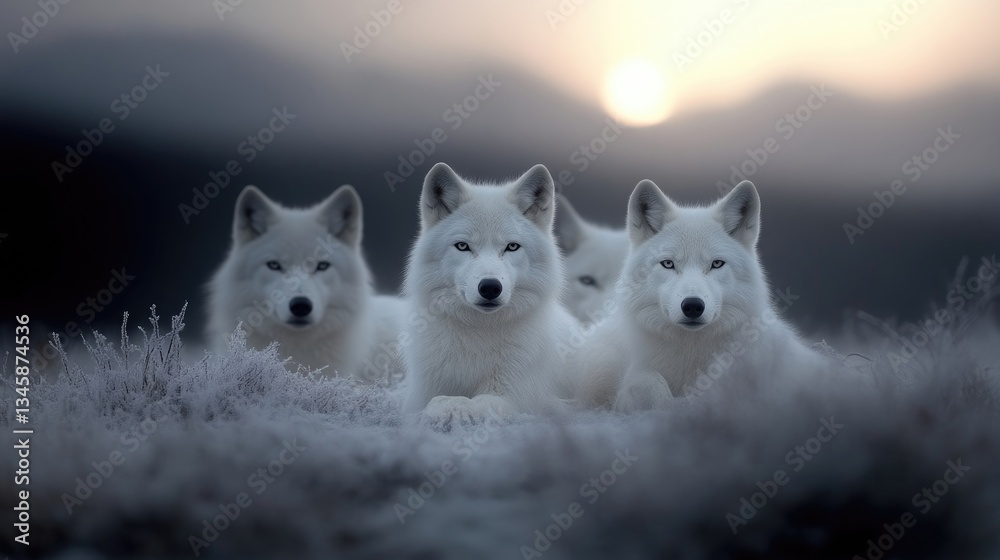 Obraz premium Three majestic white wolves in a serene winter landscape. Sunrise illuminates the frosted tundra