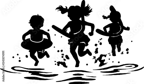vector silhouettes of children on the beach