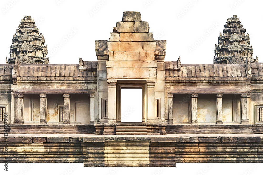 Obraz premium Ancient stone temple facade with pillars and towers, on white background for design and travel use