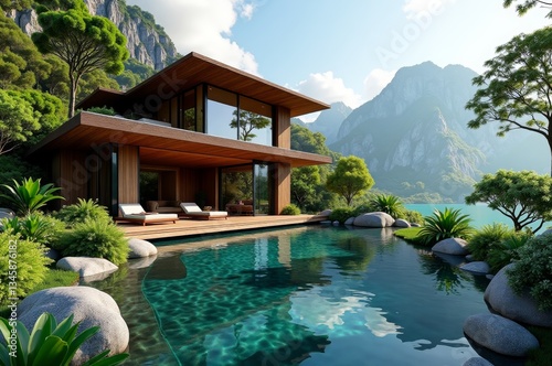 Serene lakefront retreat with a modern, wooden villa