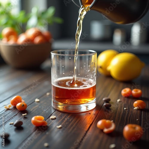 A glass of amber-colored liquid, likely whiskey or bourbon, being poured into a glass