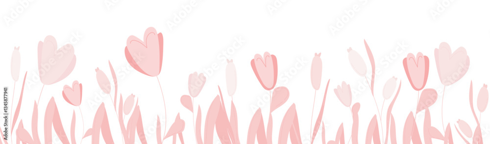 Obraz premium Flower border for spring botanical illustration. Wildflower print with pink tulip bloom and leaf graphic element. Floral design for meadow banner. Blossom decor isolated on white background