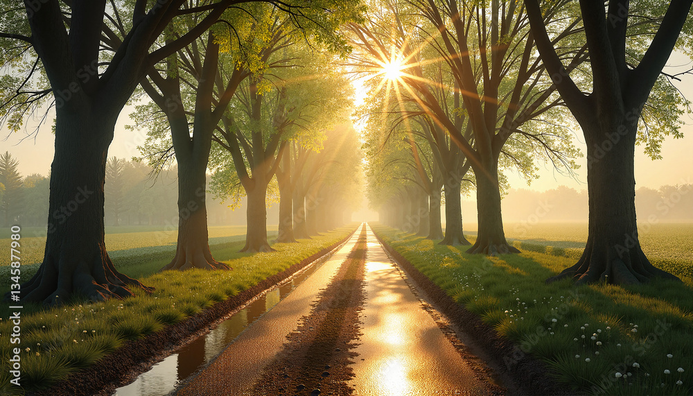 Naklejka premium Scenic tree-lined pathway glowing in morning sunlight.