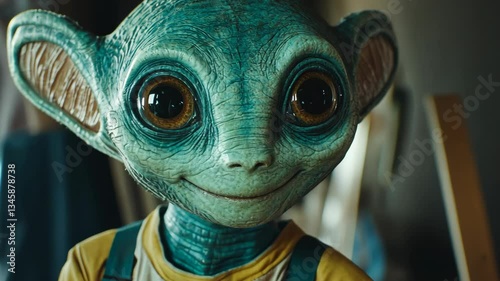 Unique green alien character with large eyes and joyful expression in a vibrant indoor setting