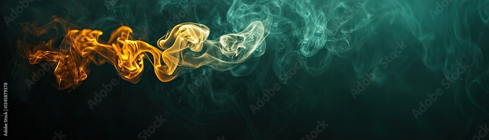 Fototapeta premium Abstract smoke swirls, teal & gold, dark background; design, art