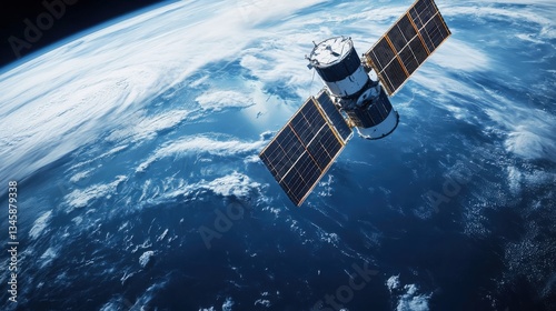 Fototapeta Naklejka Na Ścianę i Meble -  A satellite orbits the earth above the blue planet of Earth