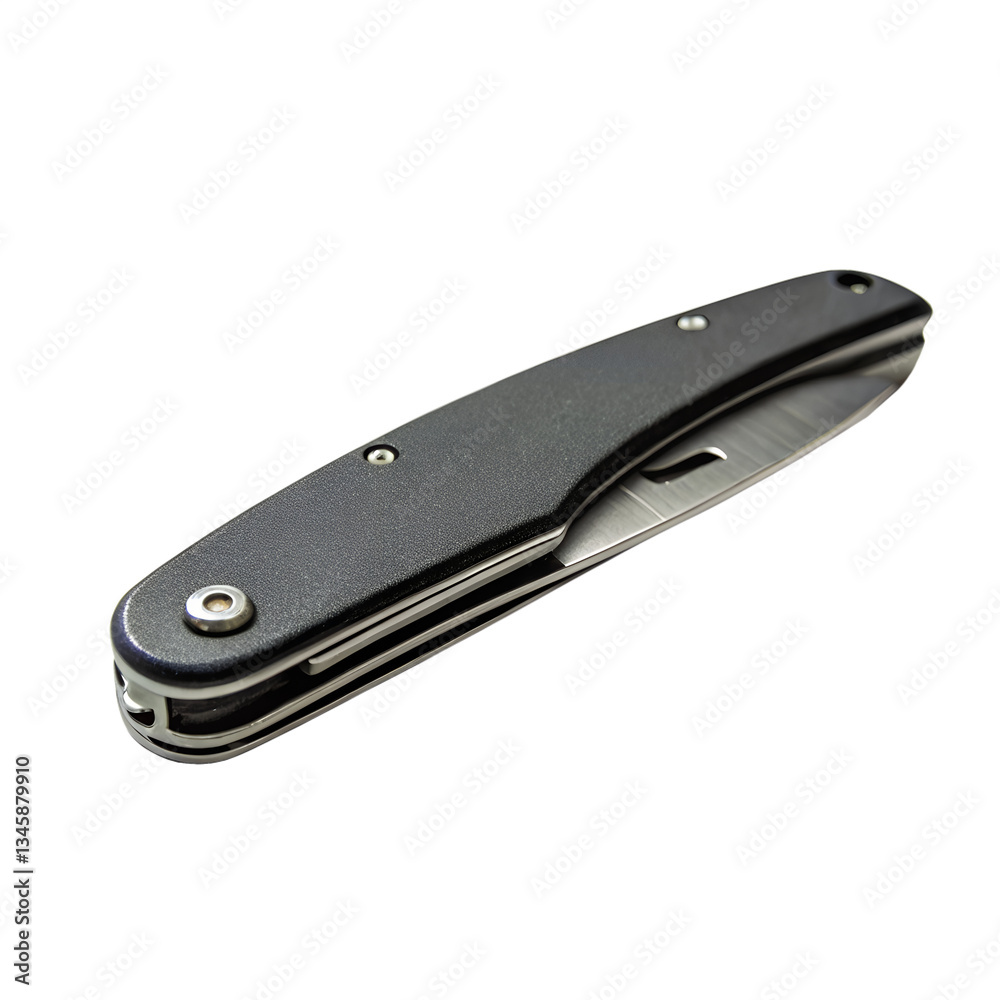A sleek black folding pocket knife, isolated on white or transparent PNG. Ideal for camping and outdoor use. A sleek black folding pocket knife, isolated on white or transparent PNG. Ideal for camping and outdoor use.