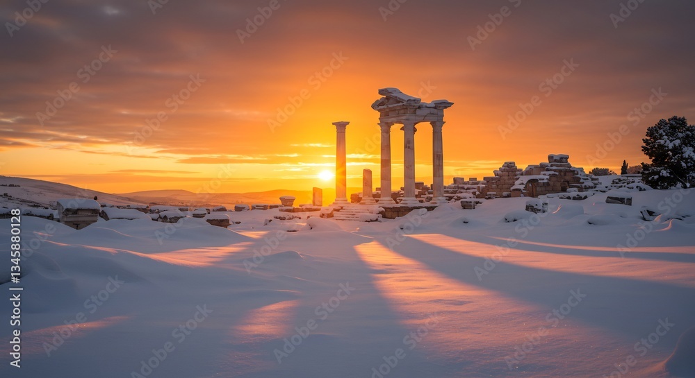 Fototapeta premium 雪景色に染まる古代遺跡 夕日輝く神々しい風景