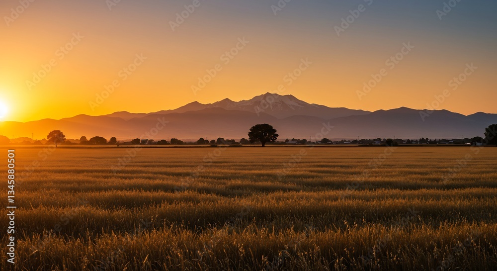 Obraz premium 夕日輝く黄金色の麦畑と山並みの美しい風景写真