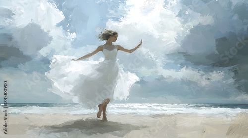 Abstract portrait a woman in a white dress, dancing on the beach under a cloudy sky, captured in an artistic and surreal