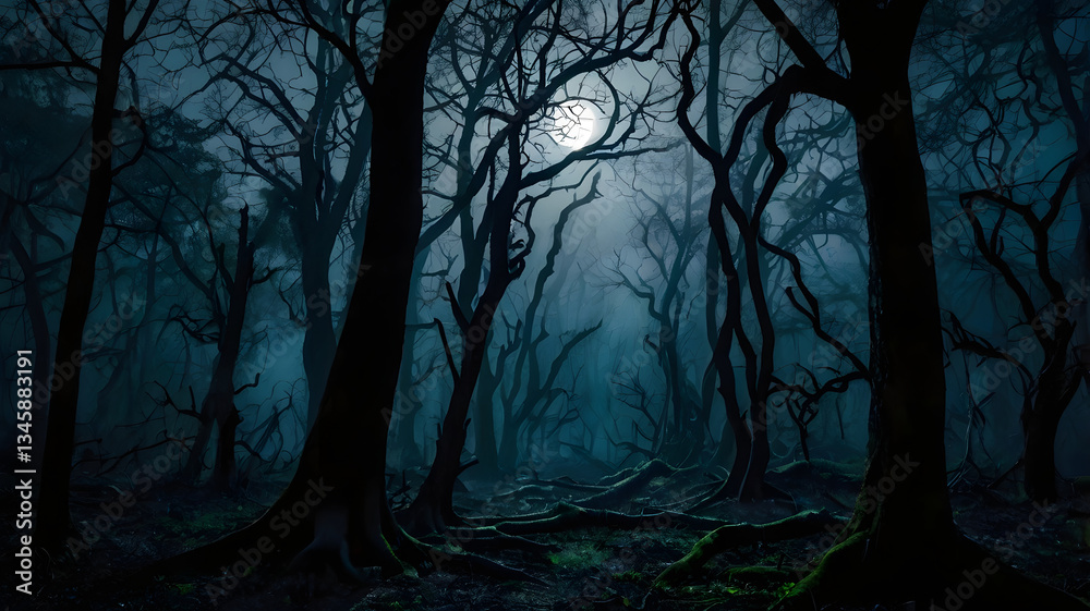 Obraz premium A dark, eerie forest with twisted branches silhouetted against the moon’s dim glow, as thick mist drifts, making the shadows feel alive.