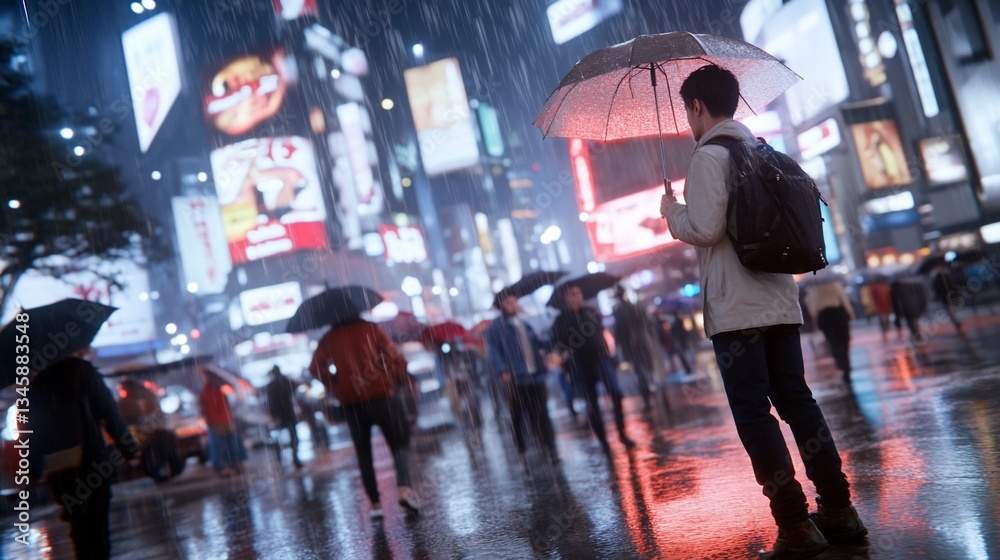 Fototapeta premium Rainy night city scene, person with umbrella amidst crowd