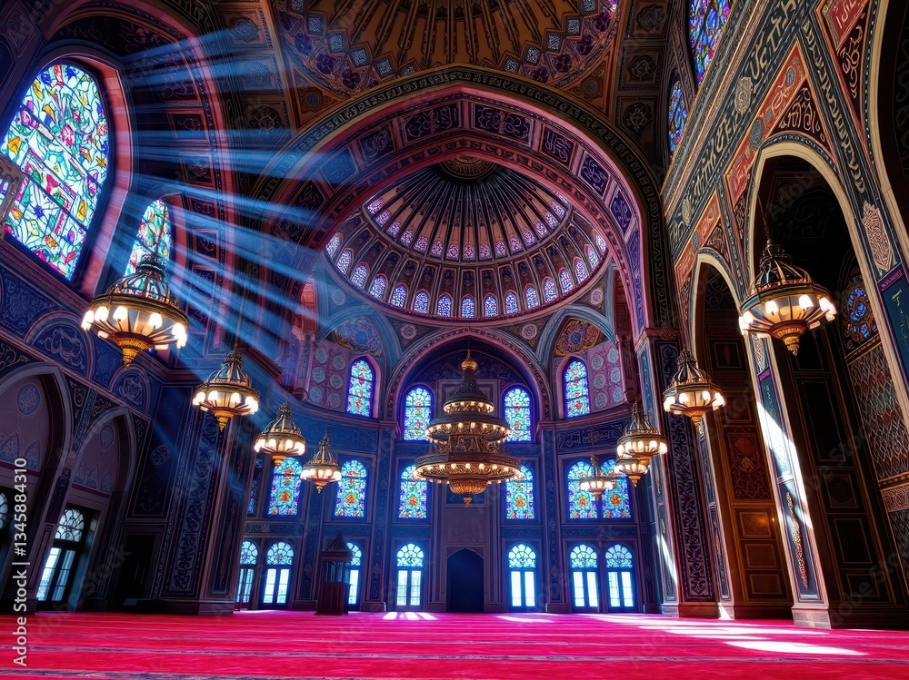 Obraz premium Interior of a Mosque with Stained Glass Windows and Dramatic Lighting