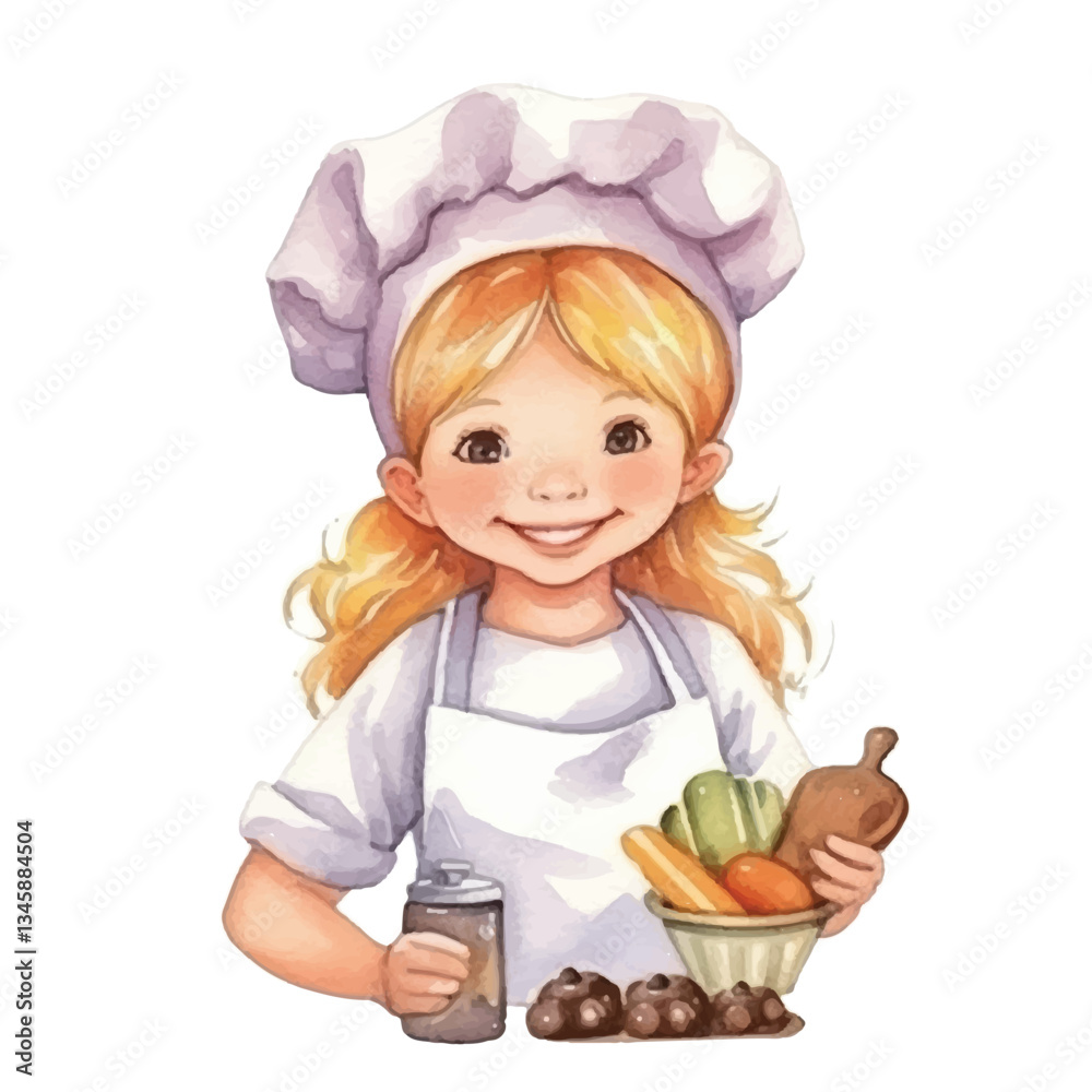watercolors Cute chef girl illustration watercolors Cute chef girl illustration