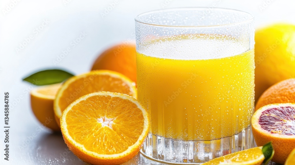 Chilled Orange Juice Glass With A Variety Of Citrus Fruits Chilled Orange Juice Glass With A Variety Of Citrus Fruits